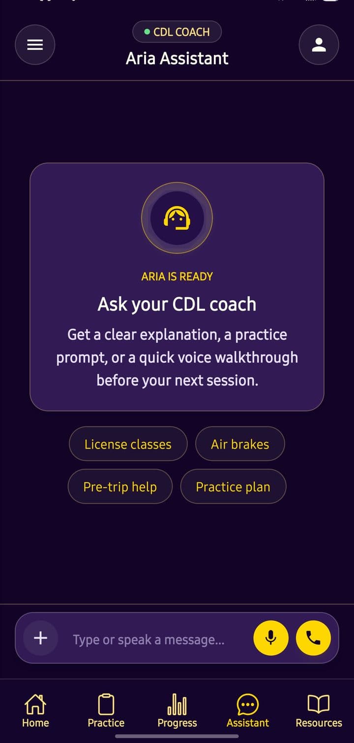 Aria assistant screen in the TruxCel app offering CDL coaching prompts like license classes and air brakes