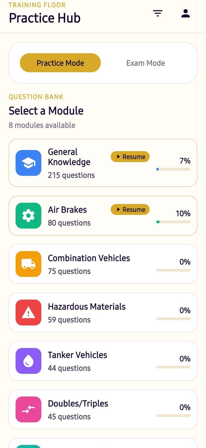 TruxCel app Practice Hub listing the eight CDL modules with question counts and progress bars