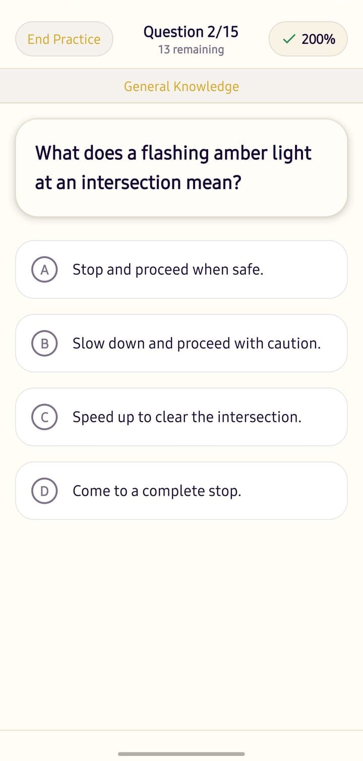 TruxCel practice session showing a General Knowledge question with four answer choices